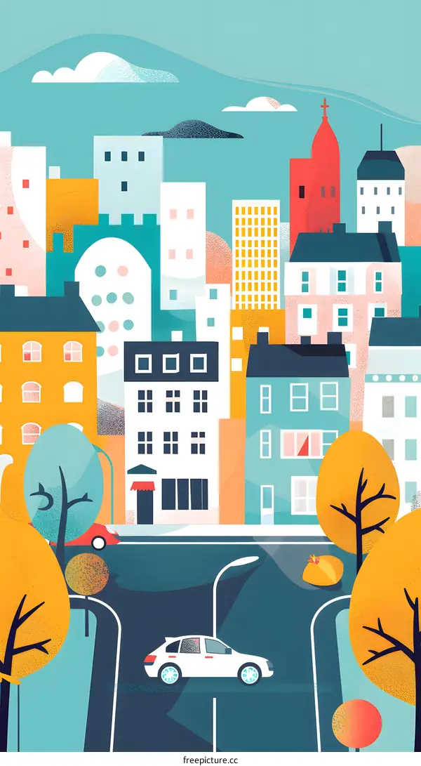Cityscape Illustration with Colorful Buildings and Trees