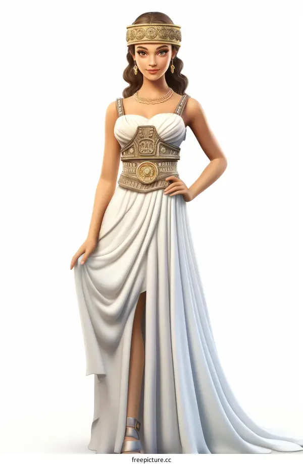 Illustration of a Woman Wearing a White Dress and a Golden Belt