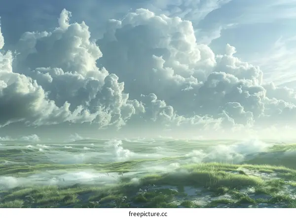 Vast Green Grass Field Under Blue Sky With White Clouds