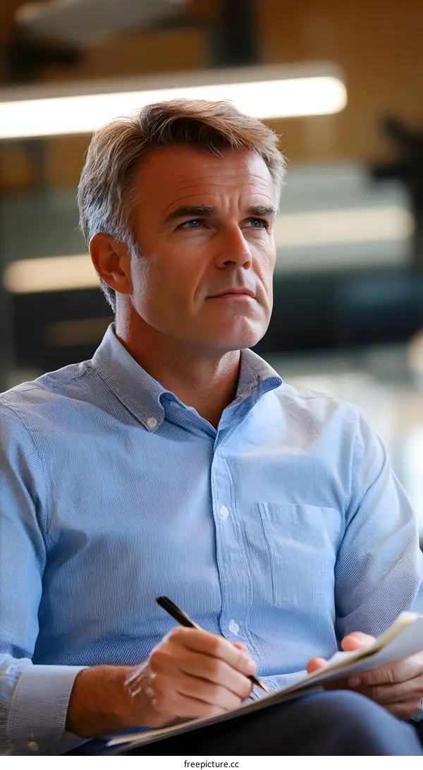 Man in Blue Shirt Taking Notes in a Meeting