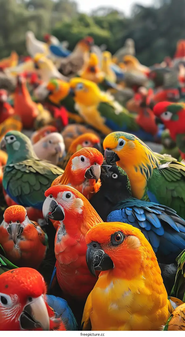 A flock of colorful parrots
