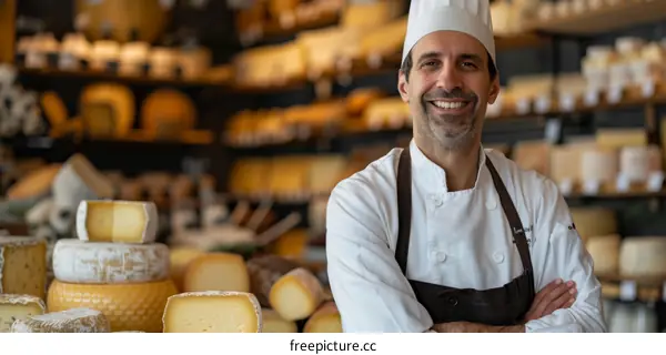 Smiling male cheese shop owner standing in front of cheese display
