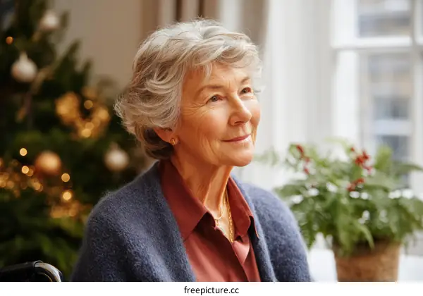 Elderly Caucasian Woman Smiling Thoughtfully near Christmas Tree
