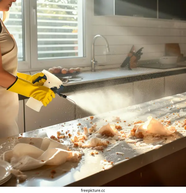 Woman Cleaning Food Mess in Kitchen