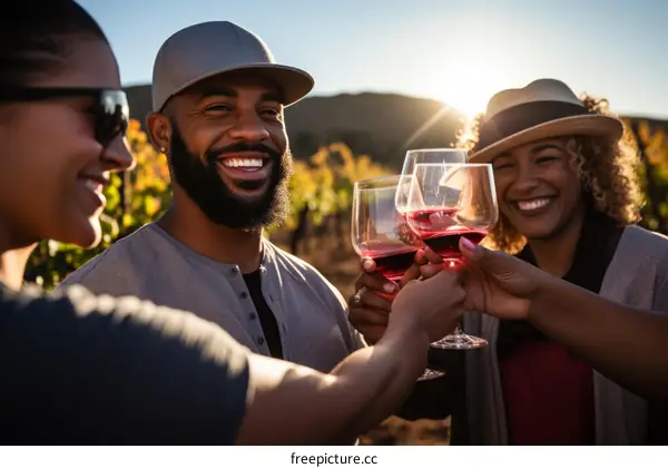 Three happy friends toasting with wine glasses in a vineyard