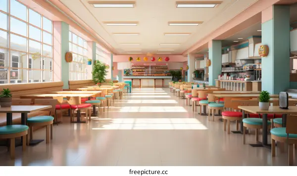 Empty Retro Cafeteria with Pink and Blue Walls