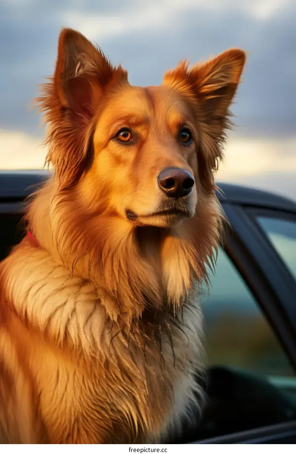 Fluffy brown dog looking out of a car window