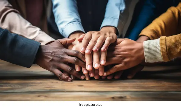 A group of diverse people joining their hands together over a wooden table