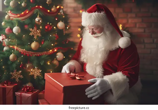 Santa Claus opening presents on Christmas Eve