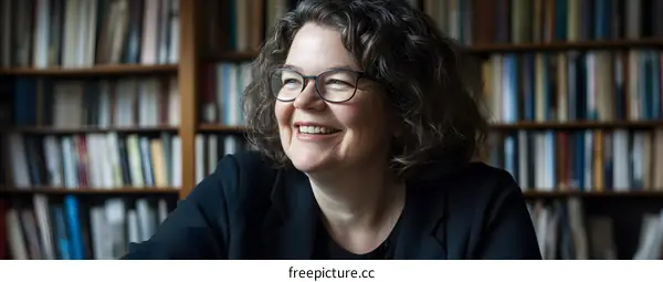 Portrait of a Woman with Glasses and Curly Hair Smiling in Front of Bookshelves