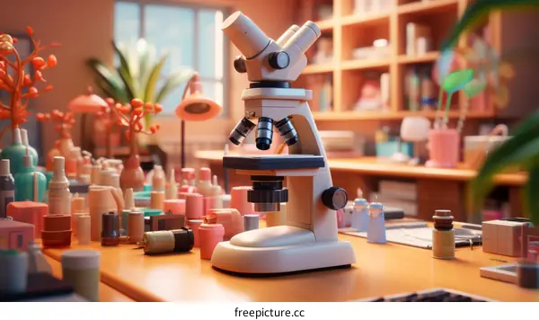 A close-up image of a microscope in a laboratory with bottles and other equipment on the table