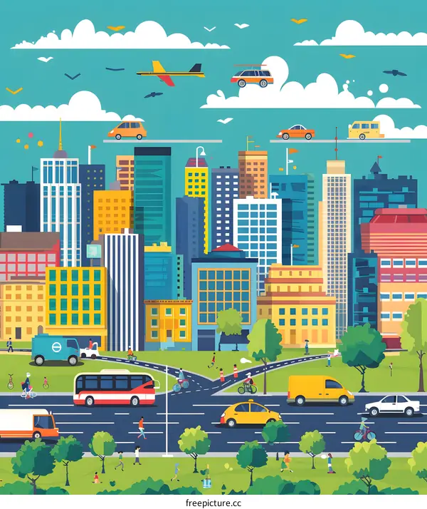 Modern Cityscape with People Walking and Cars Driving