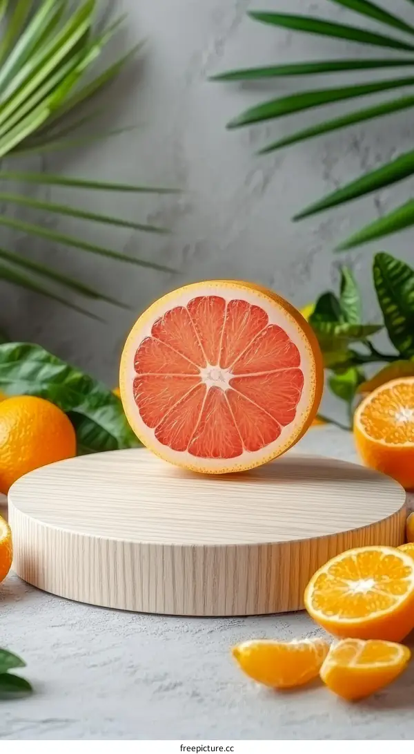 Fresh Citrus Fruit Slice Display on Wooden Stand