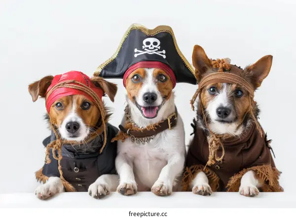 Three dogs wearing pirate costumes