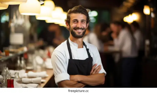 Smiling chef standing in a restaurant with his arms crossed