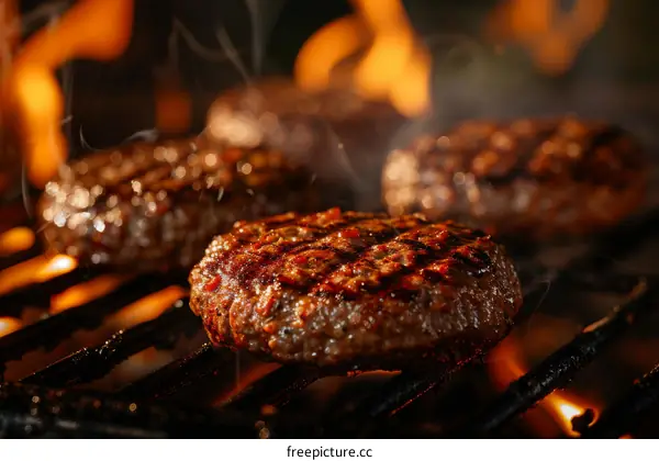 Beef patties sizzling on a flaming grill