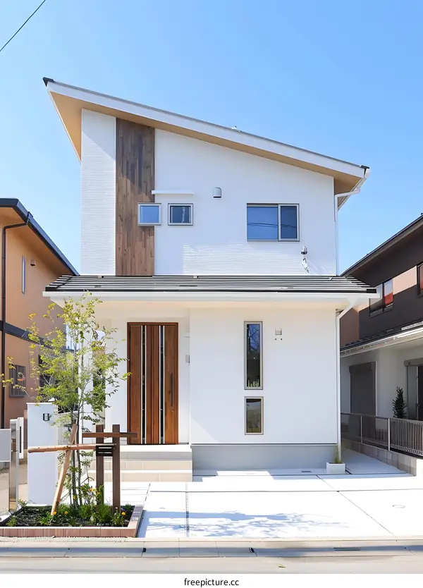 Modern White House With Wooden Door and Accents