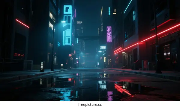 Neon-lit cyberpunk city street at night with reflections