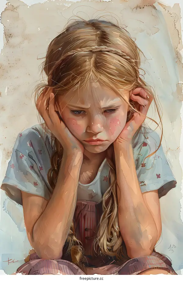 girl with freckles holding her head