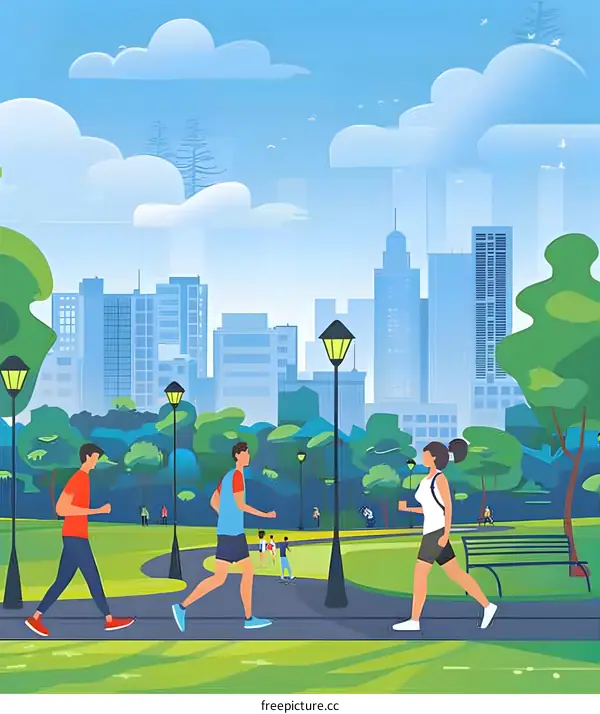 People Jogging in City Park Illustration