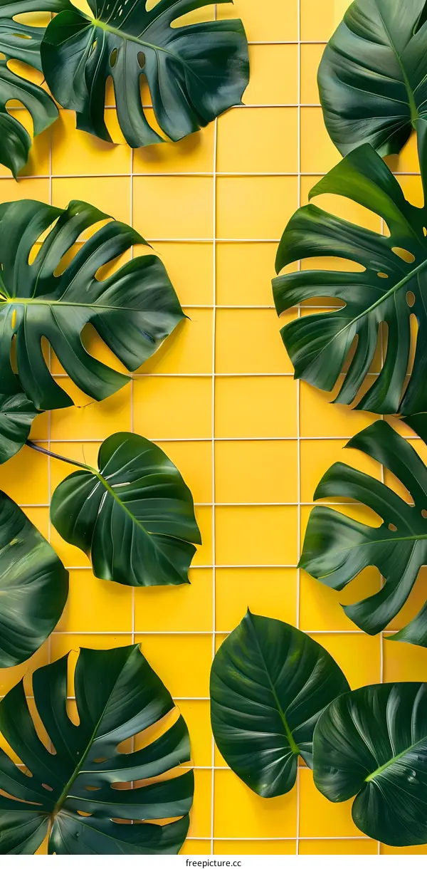 Green Tropical Leaves on Yellow Grid Background