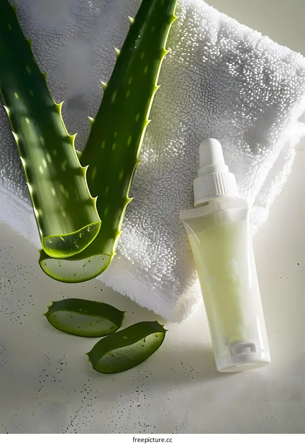 Aloe Vera Plant and Cream on White Towel