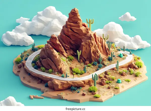 Low Poly Desert Landscape With Winding Road