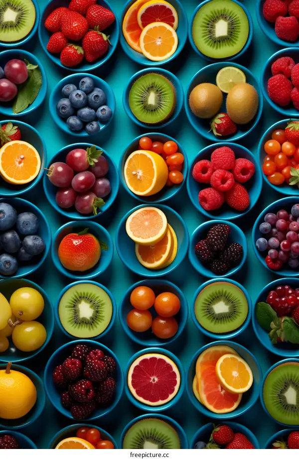 Variety of Fruits in Blue Bowls on Blue Background