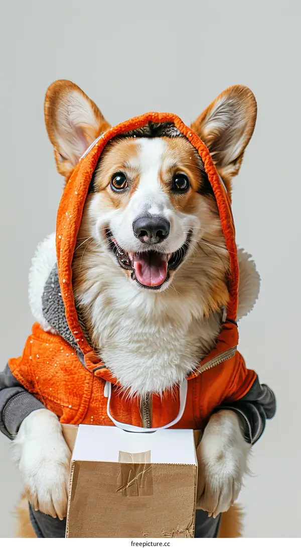A Happy Corgi in a Jacket Holding a Box