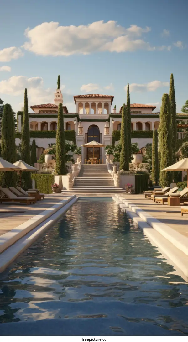 A luxurious mansion with a pool and cypress trees