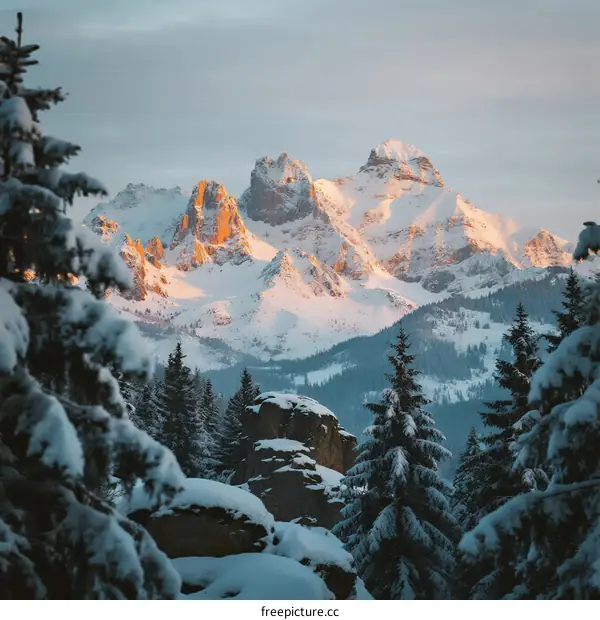 Sunlit Snowy Mountain Peaks with Snow-Covered Pine Trees