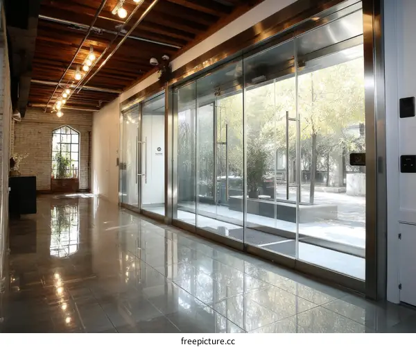 Modern Industrial Lobby with Large Glass Doors