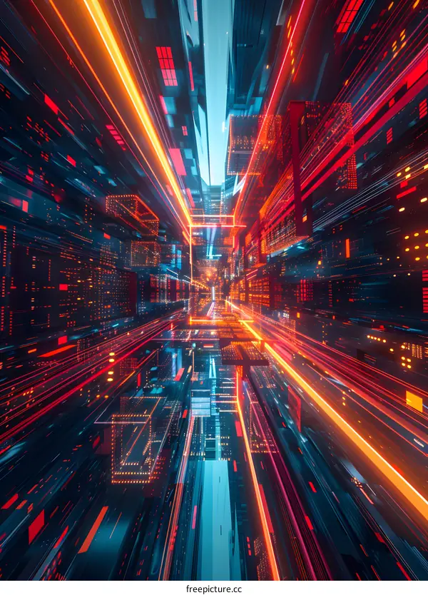 3D illustration of a digital tunnel with glowing red and blue lights