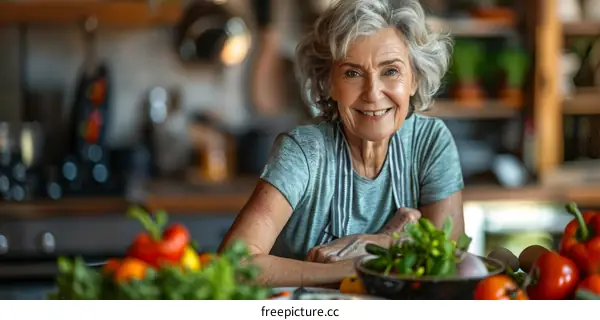 Portrait of a smiling elderly woman in a kitchen