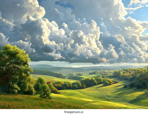 Green rolling hills under a blue sky