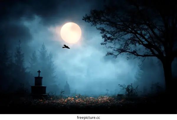 Spooky Cemetery at Night with Full Moon