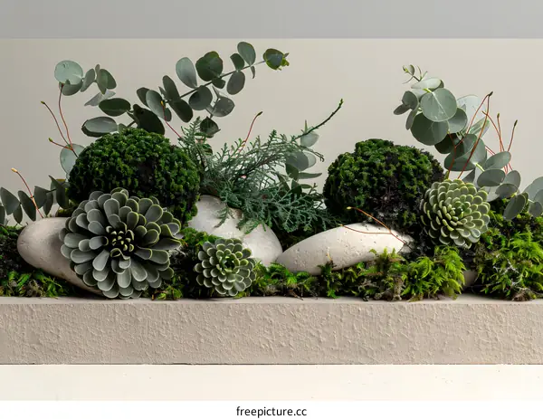 Green Plants and Rocks Arrangement in a Concrete Planter