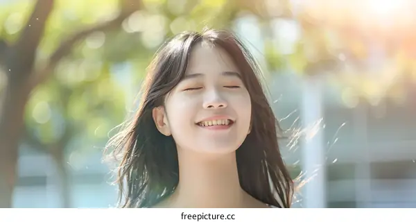 Smiling Asian Woman with Wind Blowing Through Her Hair