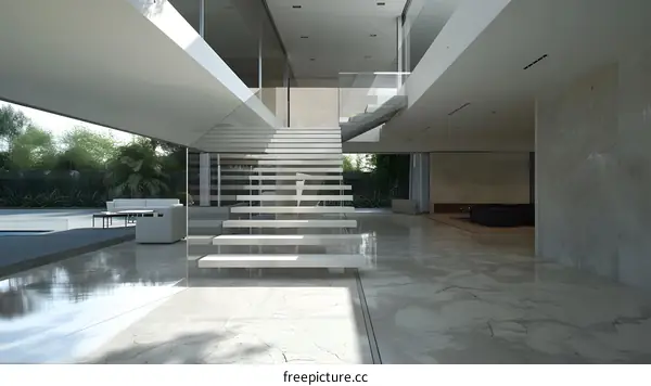 Modern House Interior Design with Staircase and Pool View