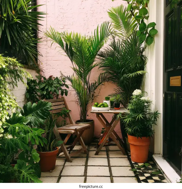 Cozy Outdoor Patio with Lush Tropical Plants