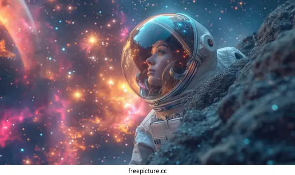 A female astronaut in a spacesuit stands on a rocky moon or planetary surface and looks up at the stars in the sky.