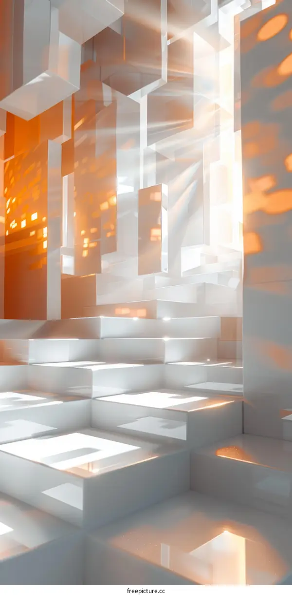 Abstract 3D City: Geometric Shapes and Vibrant Orange Lighting