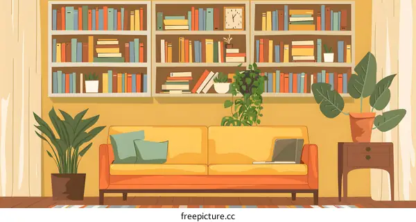 Cozy Living Room With Bookshelf and Sofa