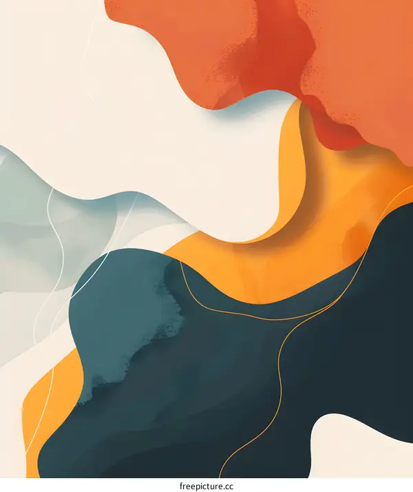 Abstract Art With Wavy Shapes In Orange, Blue And White Colors
