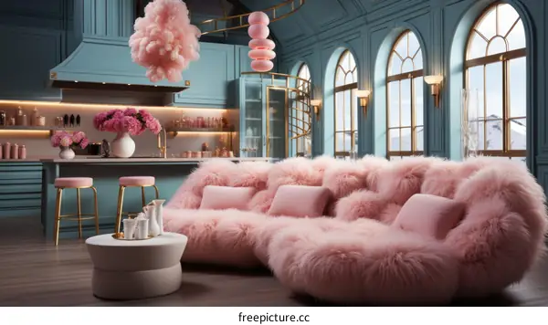 pink and blue room with a pink sectional sofa