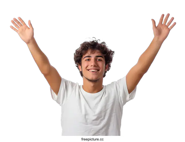 [Transparent Background PNG]Happy Young Man With Curly Hair Raising Both Hands in the Air