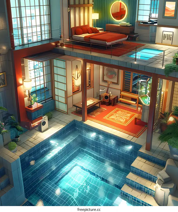 Modern Interior Design with a Pool and a Balcony