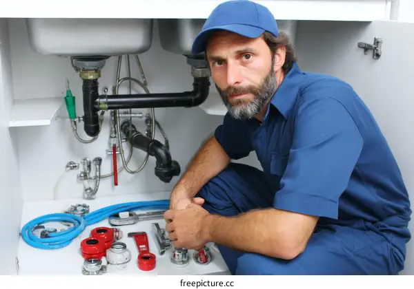 Plumber Working Under Kitchen Sink