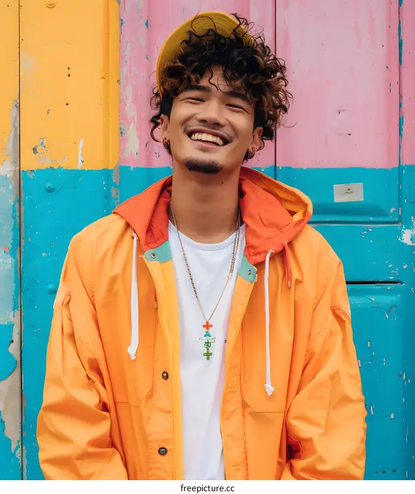 Smiling Man in Yellow Jacket Standing in Front of Colorful Wall