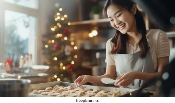 Asian woman baking Christmas cookies in the kitchen